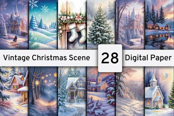 Download Vintage Christmas Scene Digital Paper - Christmas scene Collection